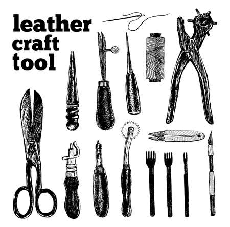 Leather craft tools in graphic style hand-drawn vector illustration.のイラスト素材
