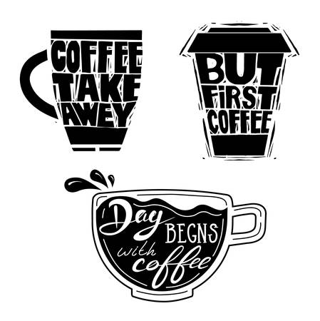 Quote coffee typography set. Calligraphy style Coffee shop promotion motivation. Graphic design lifestyle lettering. Vector isolated typography design.のイラスト素材