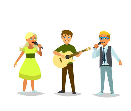 Children's musical trio. Boy and girls singing a song.The boy plays the guitar . Vector illustration in cartoon style.のイラスト素材