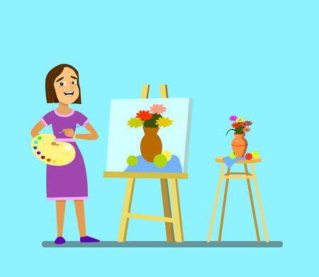 A girl with a palette draws a still life. .Vector illustration in cartoon style.のイラスト素材