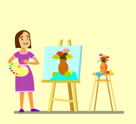 A girl with a palette draws a still life. .Vector illustration in cartoon style.のイラスト素材