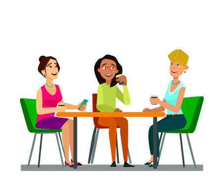 Three girls sitting at a table together talking to coffee break. Flat vector symbol illustrations vector illustrations in flat cartoon design style.のイラスト素材