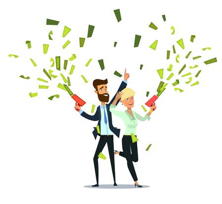 Successful Businessman And Woman Throwing Money. Vector illustration in cartoon style.のイラスト素材