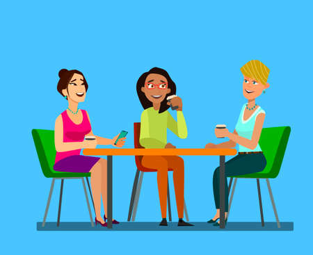 Three girls sitting at a table together talking to coffee break. Flat vector symbol illustrations vector illustrations in flat cartoon design style.のイラスト素材