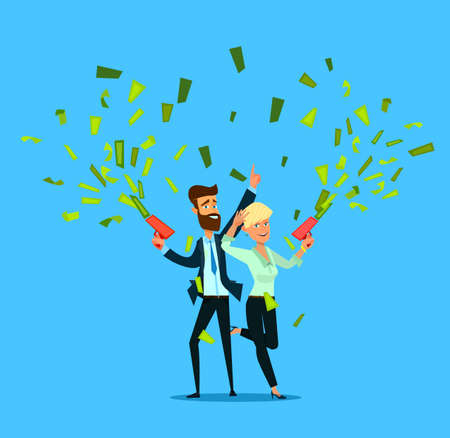 Successful Businessman And Woman Throwing Money. Vector illustration in cartoon style.のイラスト素材