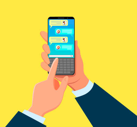 Online chat. Messenger. Hands that hold the smartphone.Communication in the network. sms message. Vector illustration.のイラスト素材