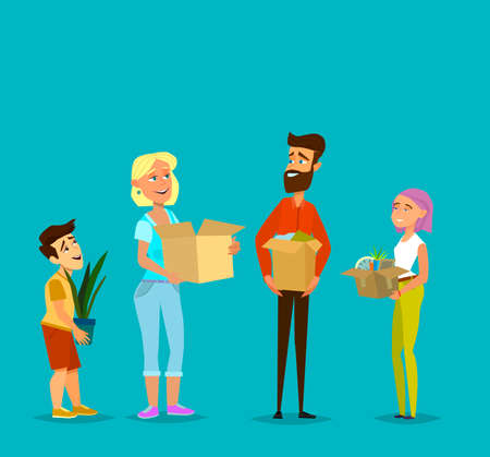 Moving to a new house. Father, mother, son and daughter are carrying things. Vector illustration.のイラスト素材