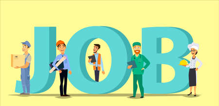 Inscription job and people with phones and laptops. HR, employment, recruitment. Flat style vector illustratuion.の写真素材