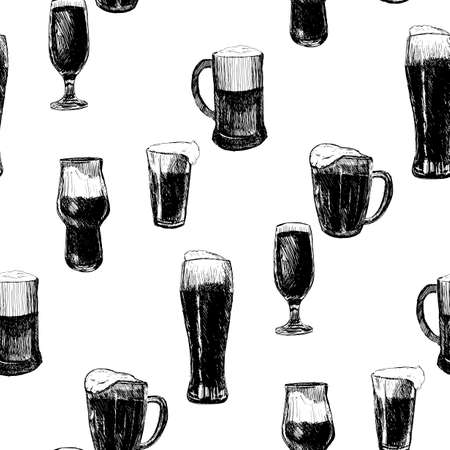 Beer seamless pattern. Repeating hand-drawing colorful glasses of beer, oktoberfest beer. Vector.のイラスト素材