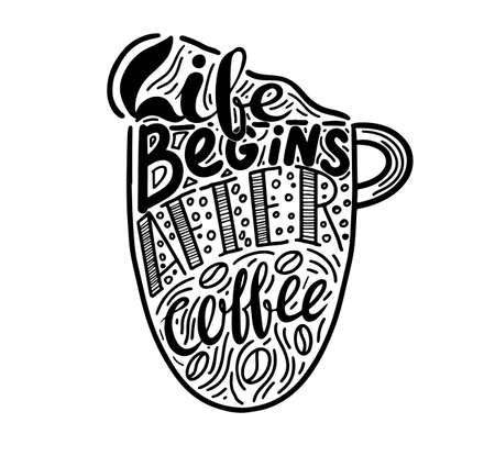 Coffee quotes . Decorative letter. Hand drawn lettering. Quote. Vector hand-painted illustration. Decorative inscription. Morning coffee. Coffee break. Vintage illustrationのイラスト素材