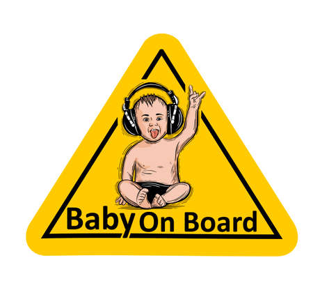 Baby On Board. The sticker on the back window of the car. Children vector illustration with text.のイラスト素材
