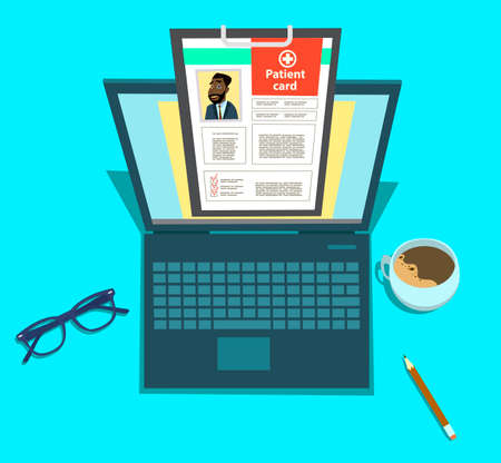 Laptop with medical clipboard. Patient card concept. Vector illustration in cartoon style.のイラスト素材
