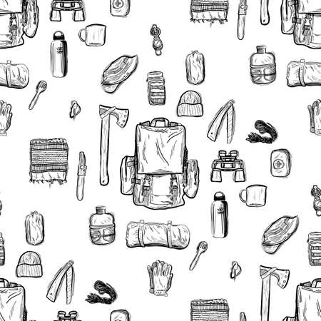 Hiking and trekking travel seamless pattern. Endless repeatable background with cartooning traveling elements about camping, vacation and wild life. Woods, forest and outdoor adventure backgroundのイラスト素材