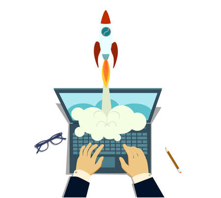 Startup launch concept with rocket, computer and related thin line icons.のイラスト素材