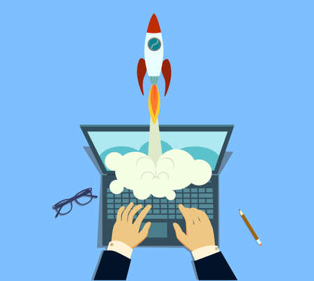 Startup launch concept with rocket, computer and related thin line icons.のイラスト素材