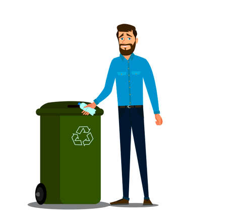The concept of caring for the environment and sorting garbage. Young man throws a plastic bottle into the trash can. .Recycling plastic,segregate waste,sorting garbage,eco friendly concept.Vector illustration.のイラスト素材