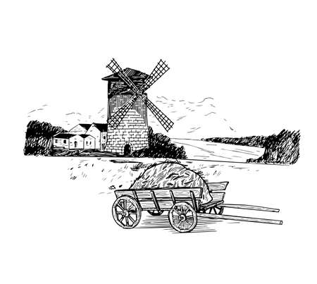 Windmill. Hand drawn vintage sketch vector illustrationのイラスト素材