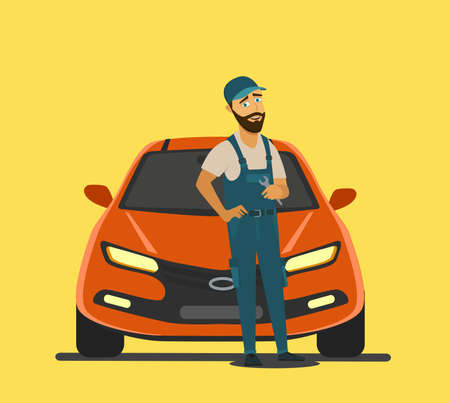 car mechanic installing sensor during suspension adjustment and automobile wheel alignment work at repair service stationのイラスト素材