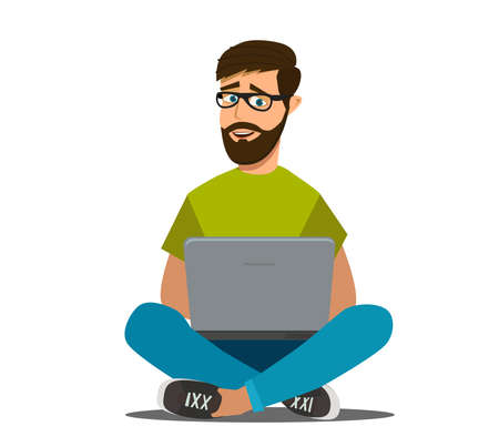 Happy young business man working on a laptop. Remote work via the Internet. Freelancer. Vector illustration in cartoon styleのイラスト素材