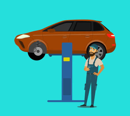 An auto mechanic works in an auto repair service.Vector illustration in cartoon style.のイラスト素材