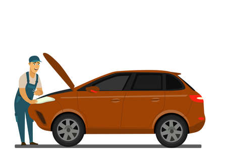 car mechanic installing sensor during suspension adjustment and automobile wheel alignment work at repair service stationのイラスト素材