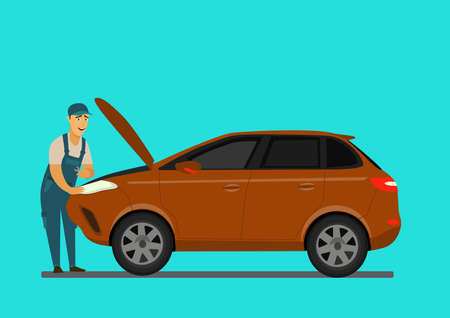 An auto mechanic works in an auto repair service.Vector illustration in cartoon style.のイラスト素材