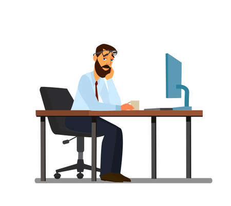 Overwork, office routine, depressed corporate employee sitting in a chair. A Tired Person Works Overtime.Vector illustration in cartoon style.のイラスト素材