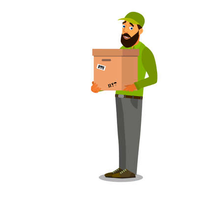 A uniformed courier holds a cardboard box. Courier with a parcel. Vector illustrationのイラスト素材