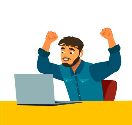 Portrait of happy successful man working on laptop in casuals - isolated on white. Concept communication.のイラスト素材