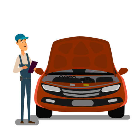An Auto Mechanic Works In An Auto Repair Service. Maintenance and repair of the vehicle.のイラスト素材