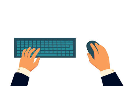 Computer keyboard and mouse with hands of user - stock vector.のイラスト素材