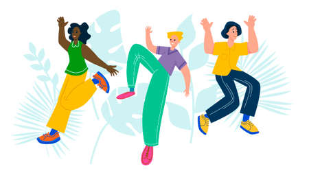 Happy jumping office workers flat vector illustration. Funny corporate employees put cartoon characters. Young male and female students in casual clothing isolated clipart. A diverse group of people.のイラスト素材