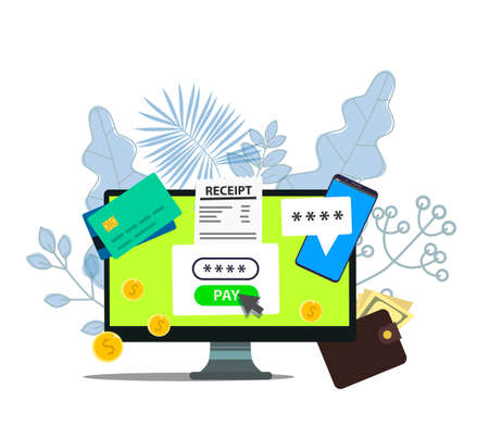 Notification on financial transaction. Smartphone with electronic bill. Coints and card on background. Vector illustration in flat style.のイラスト素材