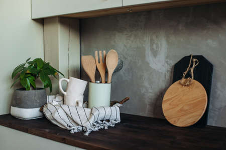 kitchen tools on the table in the kitchen. Kitchen appliances.