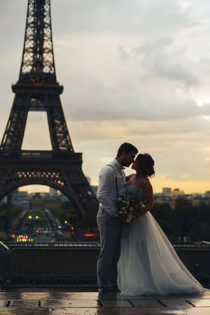 silhouette of the bride and groom in the evening against the background of the Eiffel tower. The...