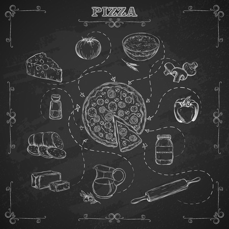 Pizza recipe. Ingredients for pizza in sketch style. Background chalk board. Vector illustration.のイラスト素材