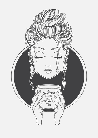 Girl drinking coffee. Black and White print line. Romantic girl. Vector illustration.のイラスト素材