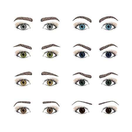 Set female eyes. olored iris eyes. Different forms eyebrows. Hand drawing. Vector illustration.のイラスト素材