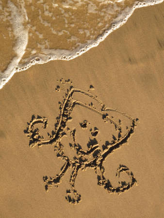 The happy face of a girl drawn on the beachの写真素材