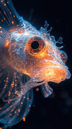 Close up of a fish in the water with neon lights. 3D renderingの素材