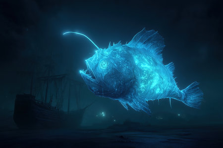 Fantasy fish in the ocean with ship in the background. 3D renderingの素材