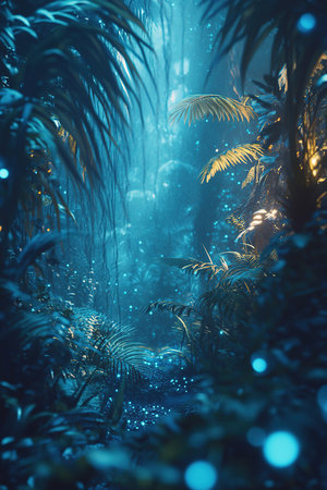 Fantasy forest with palm trees and blue lights. 3d renderingの素材