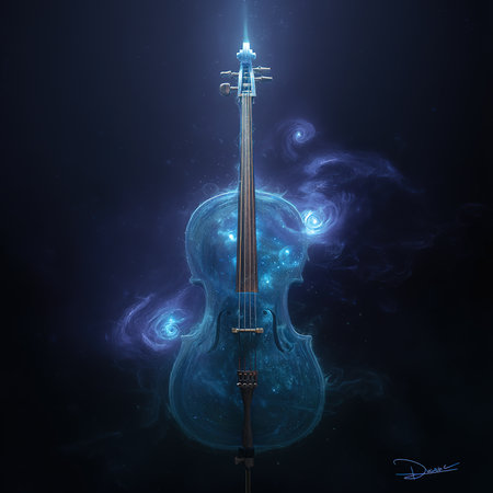 Blue glowing violin and smoke on black background. 3D illustration.の素材