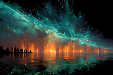 Fantastic firework in the night sky. 3D renderingの素材