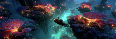 3D illustration of a fantasy alien world with mushrooms and a pirateの素材
