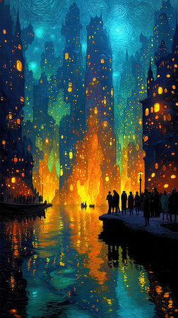 illustration of the night city with people and reflections on the waterの素材