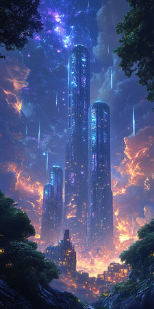 Beautiful night landscape with skyscrapers in the fog. 3d renderingの素材