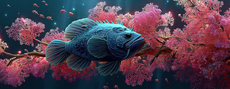 Underwater world. Vector illustration of a blue fish on a coral reef.の素材