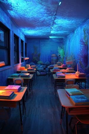 3D rendering of a fantasy dark and bright underwater cafe with tables and chairsの素材