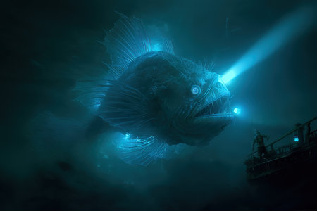 Underwater scene with big fish and blue light. 3d renderingの素材
